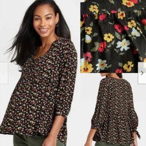The Nines by HATCH Tie Sleeve Crepe Maternity Blouse Black Floral Print M